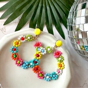 2/$30🌵 Bright Flower Seed Bead Earrings Floral Jewelry Hoop Circle NEW Colorful